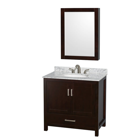 Sheffield 36 inch Single Bathroom Vanity in Espresso, White Carrara Marble Countertop, Undermount Oval Sink, and Medicine Cabinet