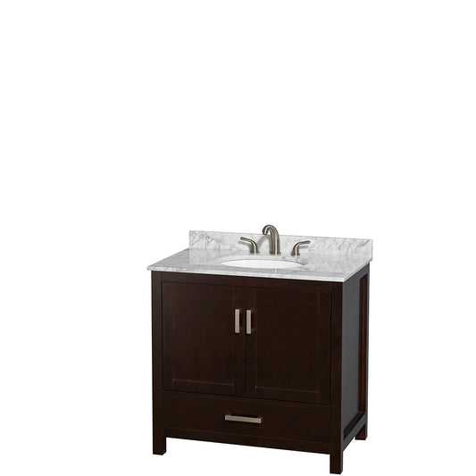 Sheffield 36 inch Single Bathroom Vanity in Espresso, White Carrara Marble Countertop, Undermount Oval Sink, and No Mirror