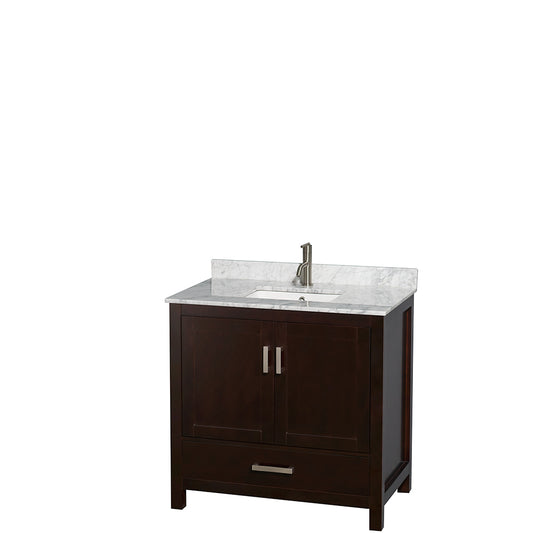 Sheffield 36 inch Single Bathroom Vanity in Espresso, White Carrara Marble Countertop, Undermount Square Sink, and No Mirror