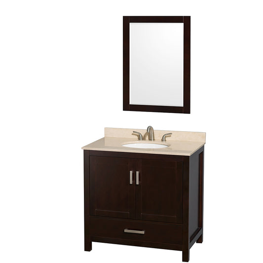 Sheffield 36 inch Single Bathroom Vanity in Espresso, Ivory Marble Countertop, Undermount Oval Sink, and 24 inch Mirror