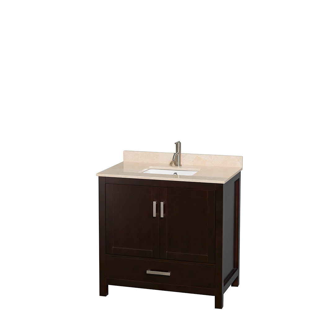 Sheffield 36 inch Single Bathroom Vanity in Espresso, Ivory Marble Countertop, Undermount Square Sink, and No Mirror