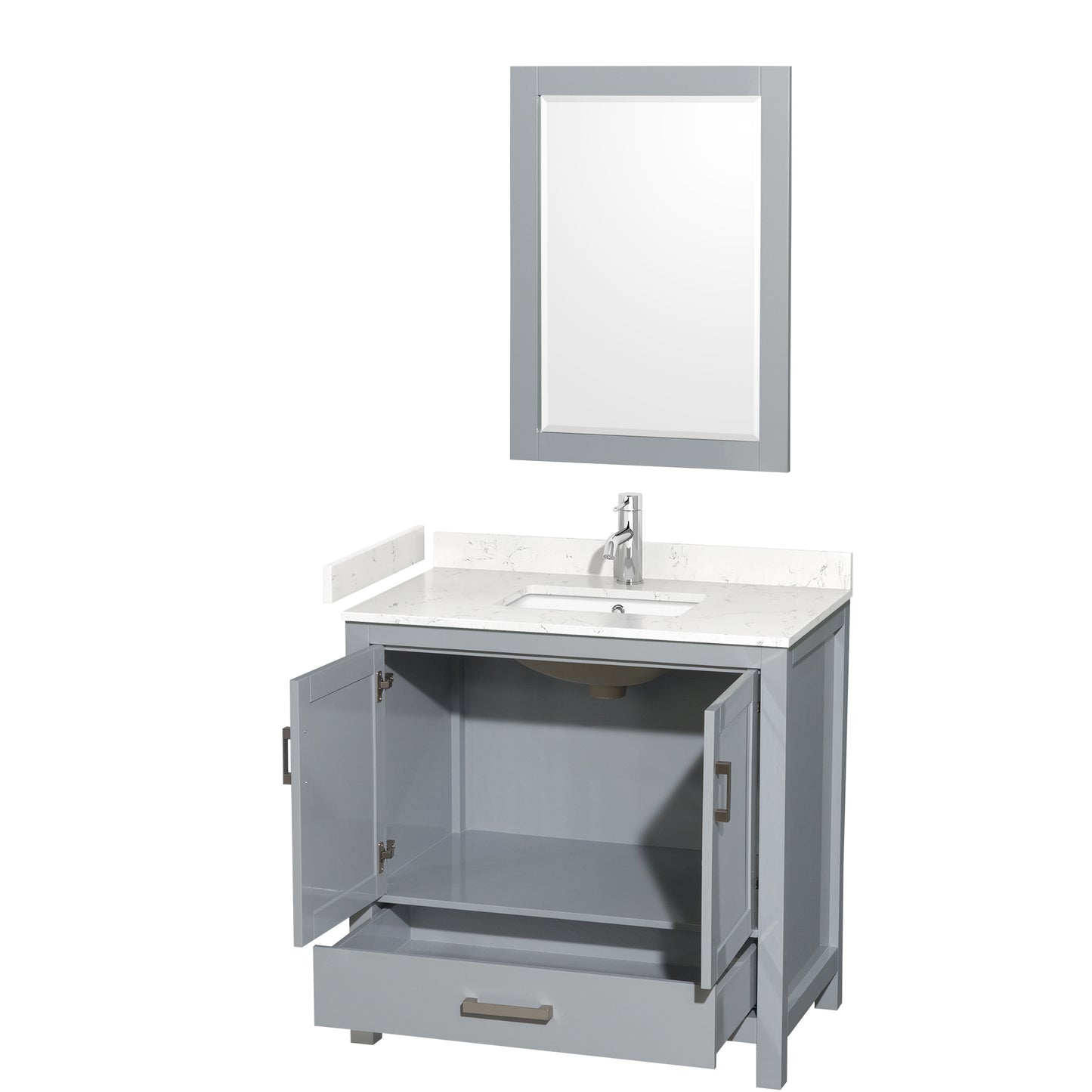 Sheffield 36" Single Vanity in Gray, Carrara Marble Top, Square 24" Mirror