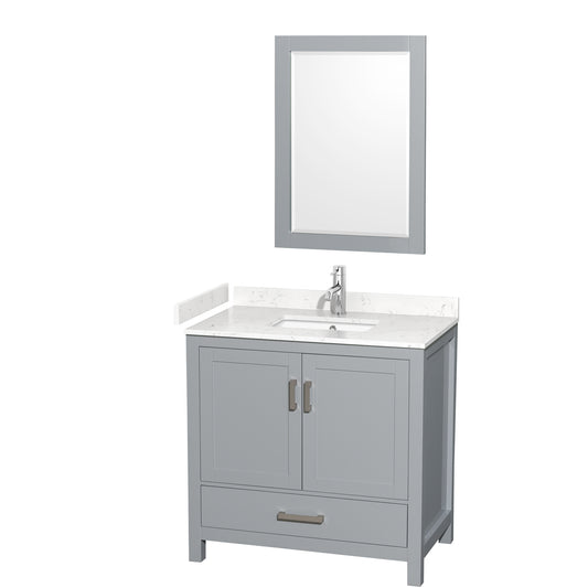 Sheffield 36" Single Vanity in Gray, Carrara Marble Top, Square 24" Mirror