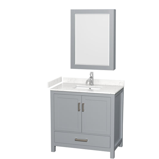 Sheffield 36" Single Vanity in Gray, Carrara Marble Top, Square Medicine Cabinet