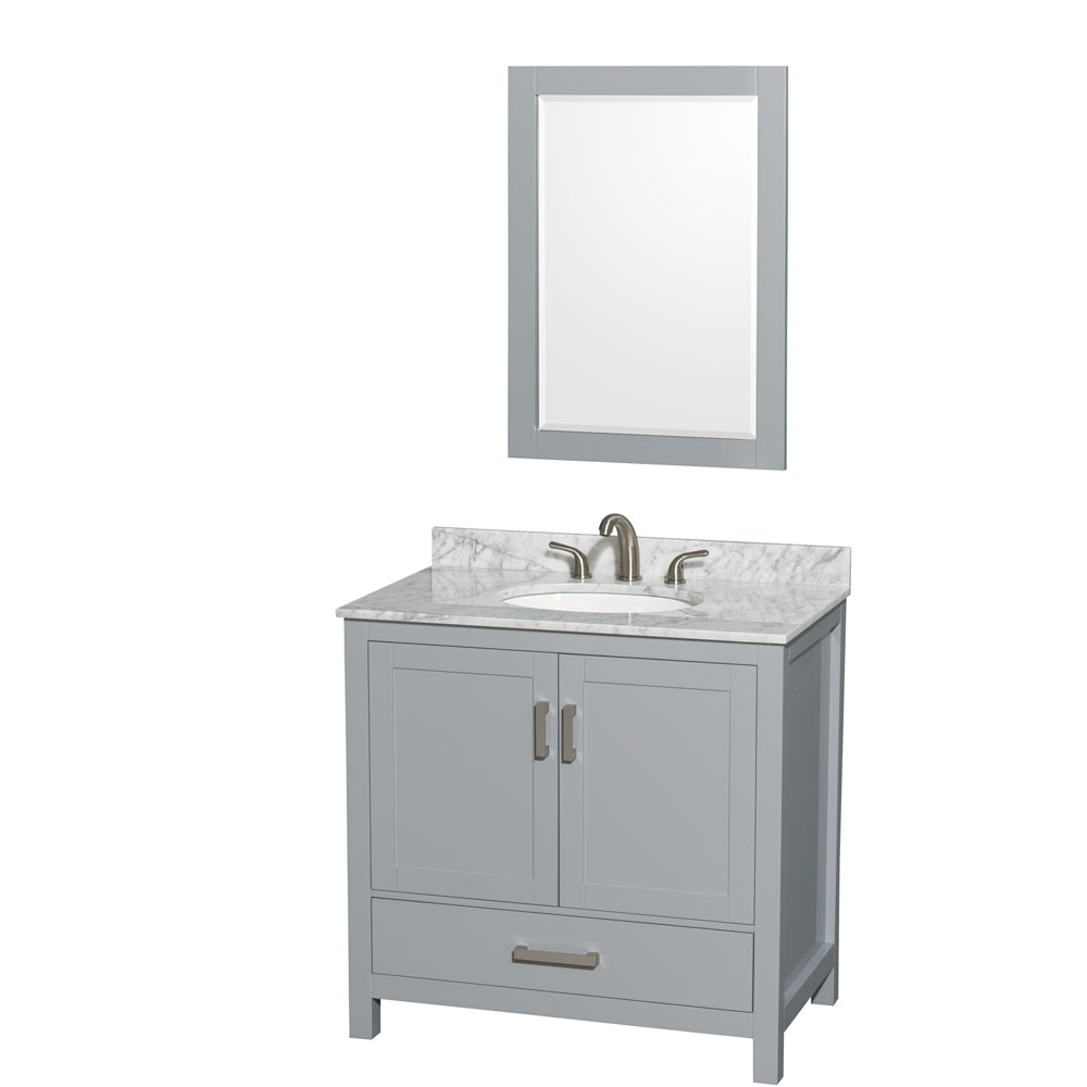 Sheffield 36 inch Single Bathroom Vanity in Gray, White Carrara Marble Countertop, Undermount Oval Sink, and 24 inch Mirror