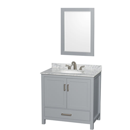 Sheffield 36 inch Single Bathroom Vanity in Gray, White Carrara Marble Countertop, Undermount Oval Sink, and 24 inch Mirror