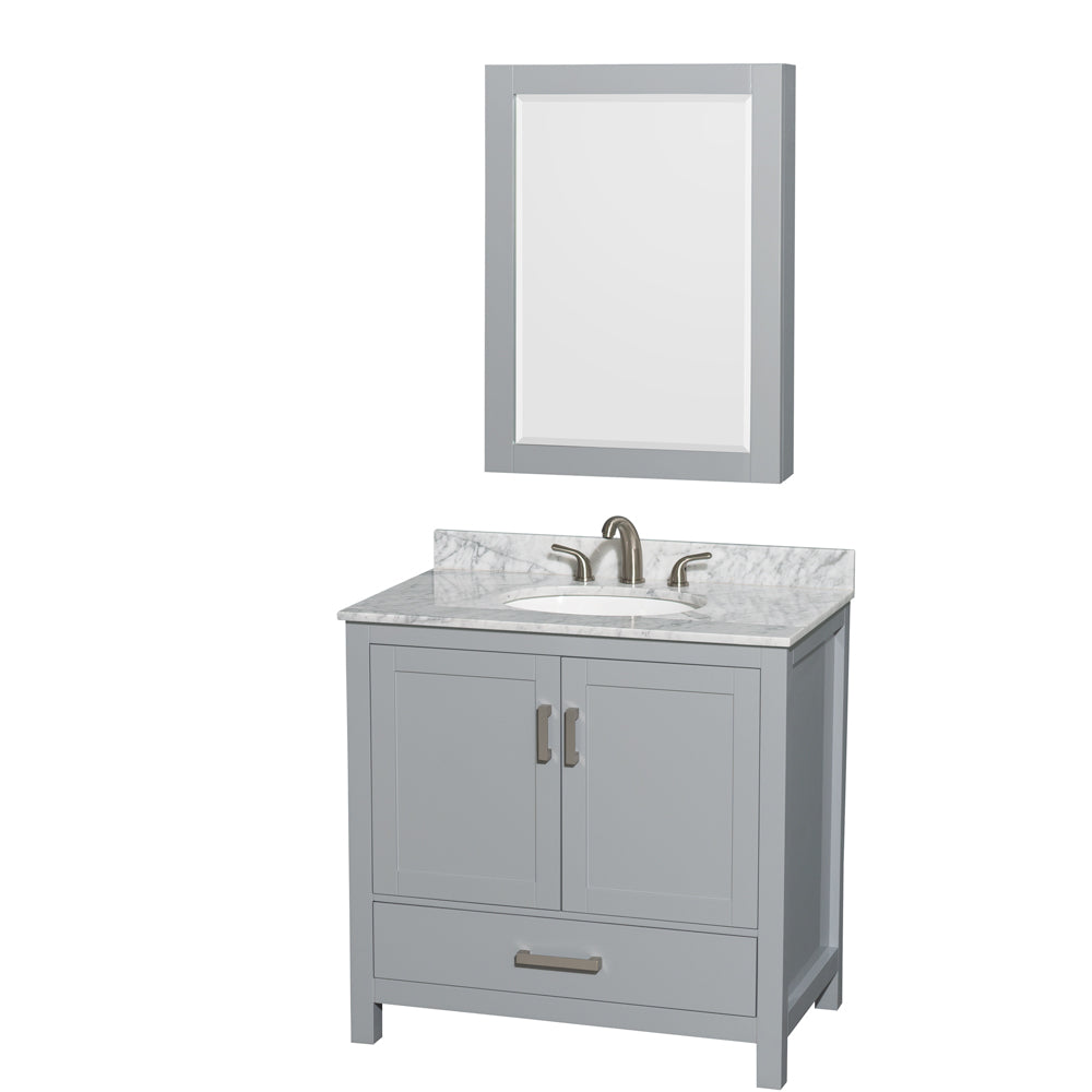 Sheffield 36 inch Single Bathroom Vanity in Gray, White Carrara Marble Countertop, Undermount Oval Sink, and Medicine Cabinet