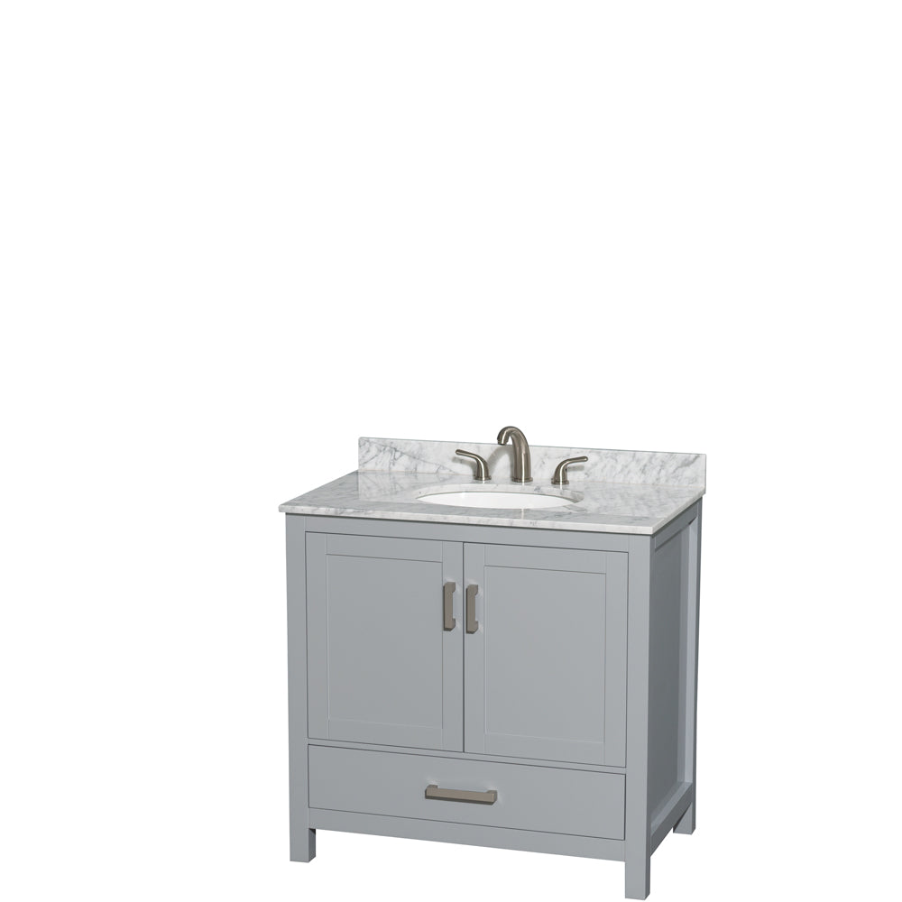 Sheffield 36 inch Single Bathroom Vanity in Gray, White Carrara Marble Countertop, Undermount Oval Sink, and No Mirror