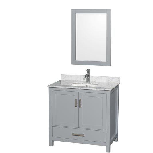 Sheffield 36 inch Single Bathroom Vanity in Gray, White Carrara Marble Countertop, Undermount Square Sink, and 24 inch Mirror