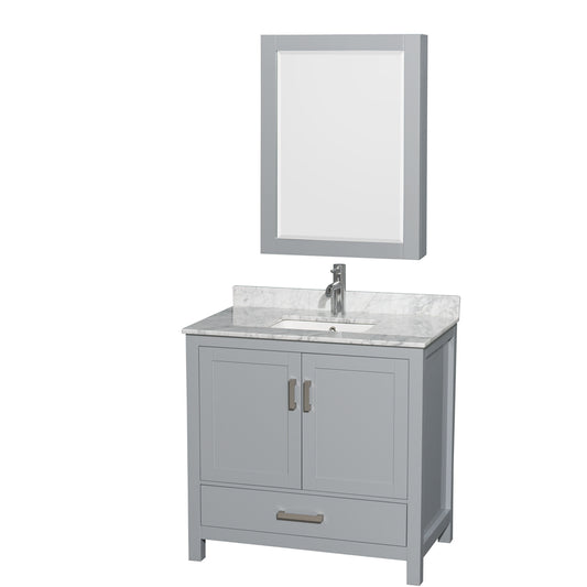 Sheffield 36 inch Single Bathroom Vanity in Gray, White Carrara Marble Countertop, Undermount Square Sink, and Medicine Cabinet