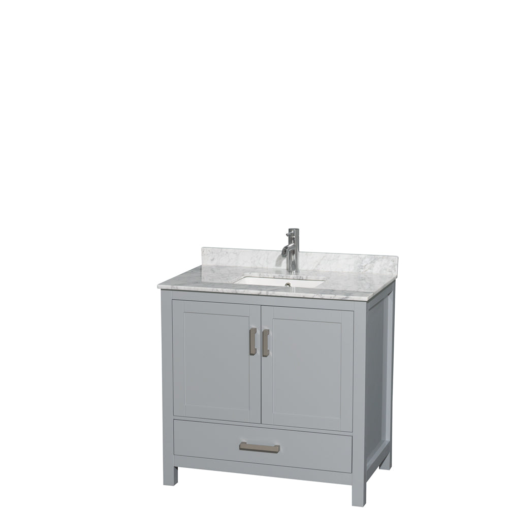 Sheffield 36 inch Single Bathroom Vanity in Gray, White Carrara Marble Countertop, Undermount Square Sink, and No Mirror