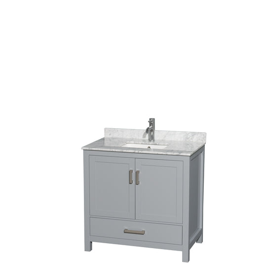 Sheffield 36 inch Single Bathroom Vanity in Gray, White Carrara Marble Countertop, Undermount Square Sink, and No Mirror