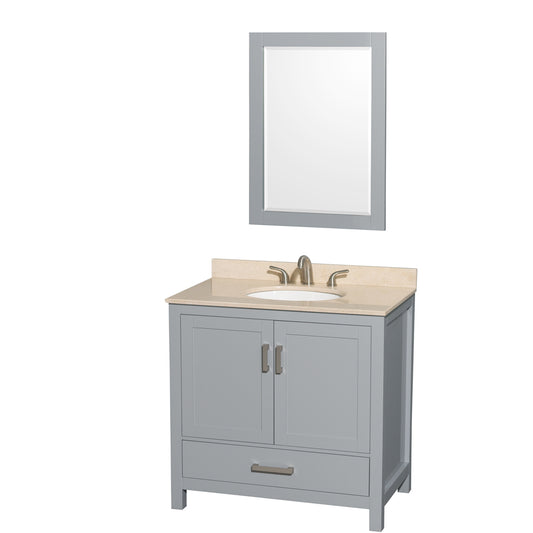 Sheffield 36 inch Single Bathroom Vanity in Gray, Ivory Marble Countertop, Undermount Oval Sink, and 24 inch Mirror