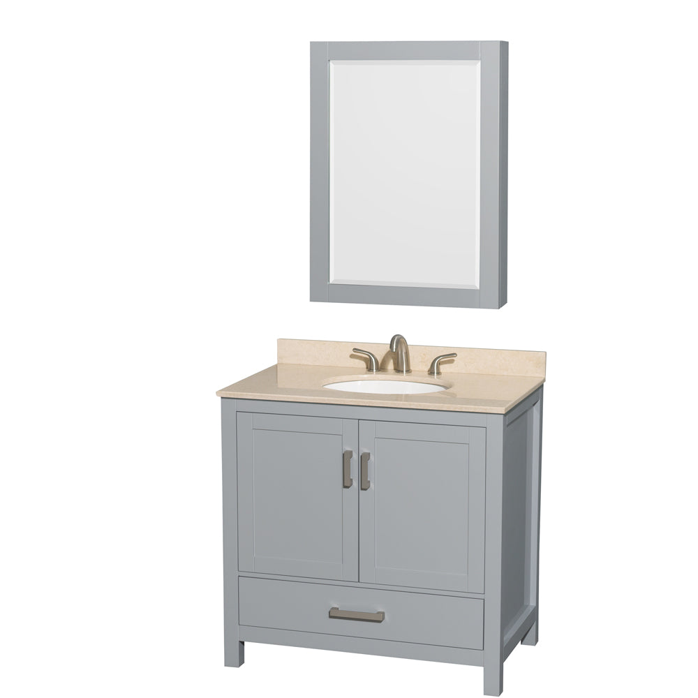 Sheffield 36 inch Single Bathroom Vanity in Gray, Ivory Marble Countertop, Undermount Oval Sink, and Medicine Cabinet