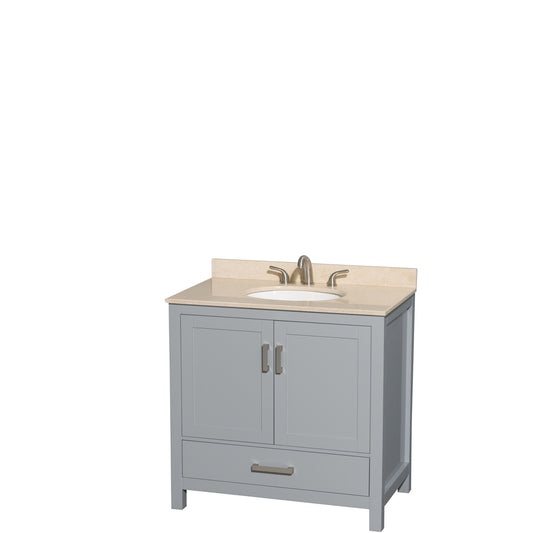 Sheffield 36 inch Single Bathroom Vanity in Gray, Ivory Marble Countertop, Undermount Oval Sink, and No Mirror