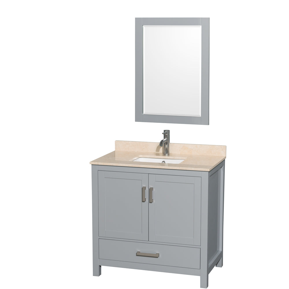 Sheffield 36 inch Single Bathroom Vanity in Gray, Ivory Marble Countertop, Undermount Square Sink, and 24 inch Mirror