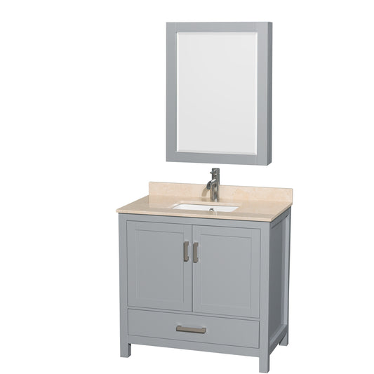 Sheffield 36 inch Single Bathroom Vanity in Gray, Ivory Marble Countertop, Undermount Square Sink, and Medicine Cabinet