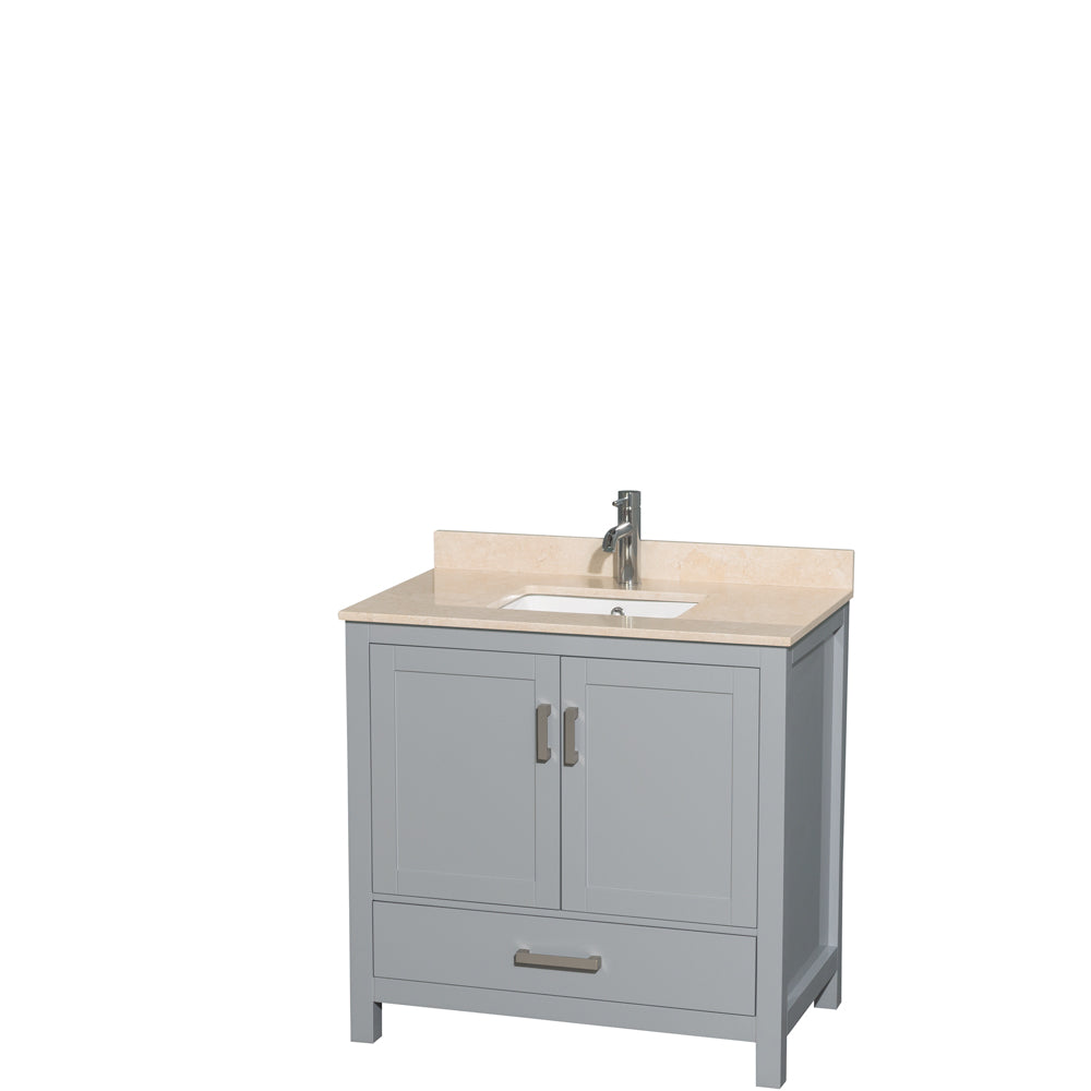 Sheffield 36 inch Single Bathroom Vanity in Gray, Ivory Marble Countertop, Undermount Square Sink, and No Mirror