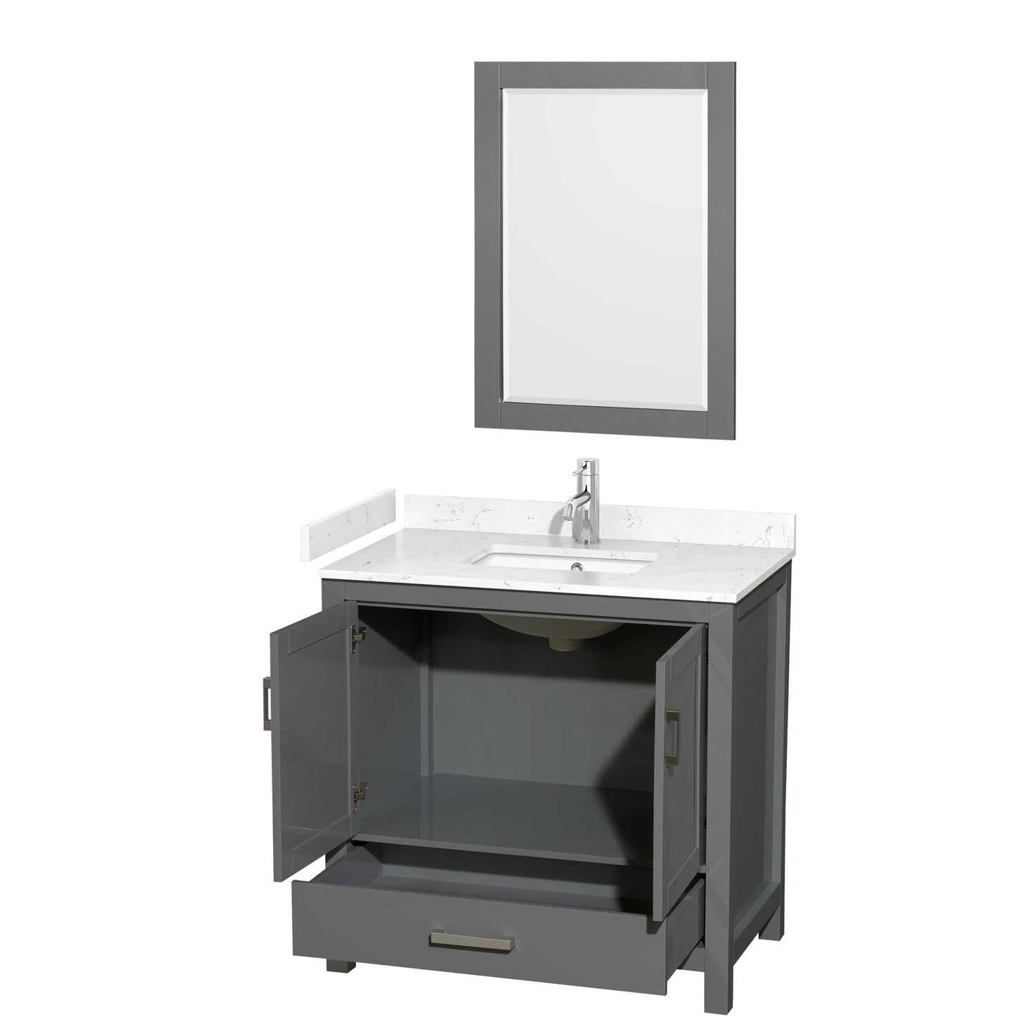 Sheffield 36" Single Vanity in Dark Gray, Carrara Marble Top, Square 24" Mirror