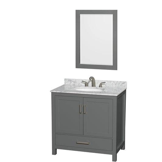 Sheffield 36 inch Single Bathroom Vanity in Dark Gray, White Carrara Marble Countertop, Undermount Oval Sink, and 24 inch Mirror