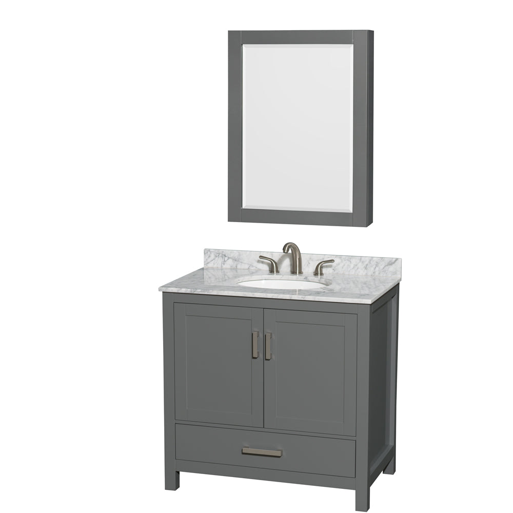 Sheffield 36 inch Single Bathroom Vanity in Dark Gray, White Carrara Marble Countertop, Undermount Oval Sink, and Medicine Cabinet