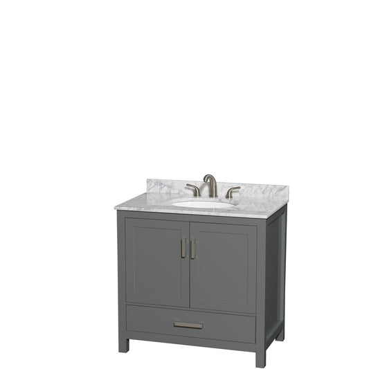 Sheffield 36 inch Single Bathroom Vanity in Dark Gray, White Carrara Marble Countertop, Undermount Oval Sink, and No Mirror