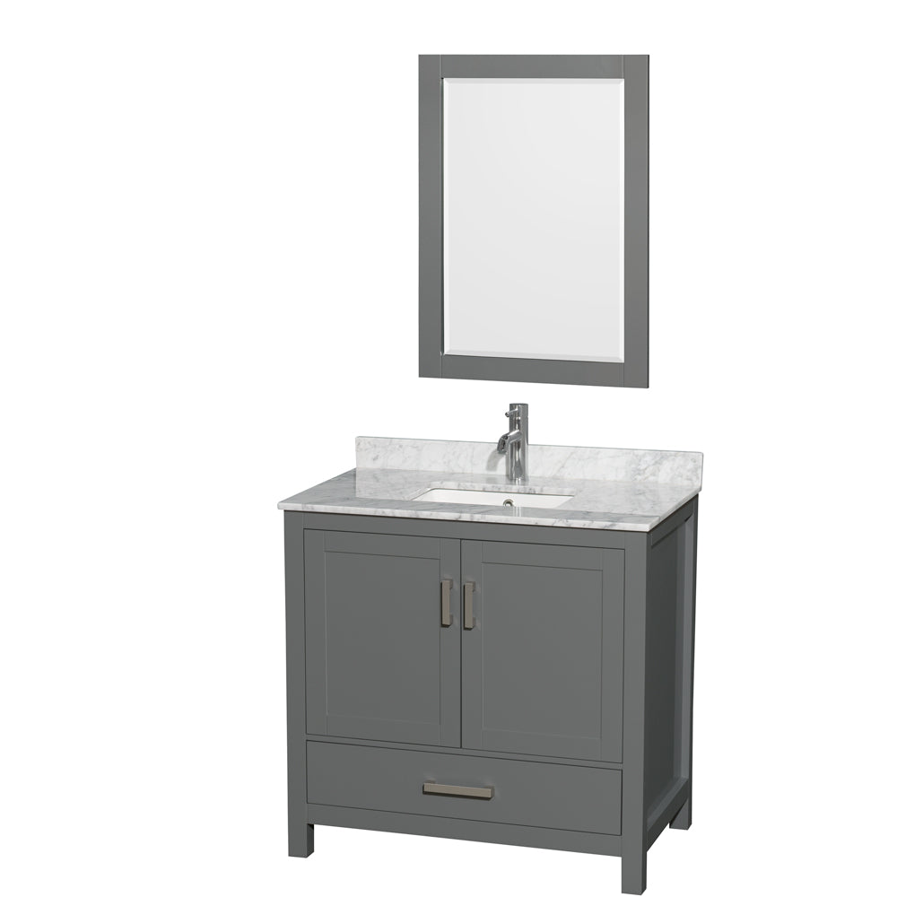 Sheffield 36 inch Single Bathroom Vanity in Dark Gray, White Carrara Marble Countertop, Undermount Square Sink, and 24 inch Mirror