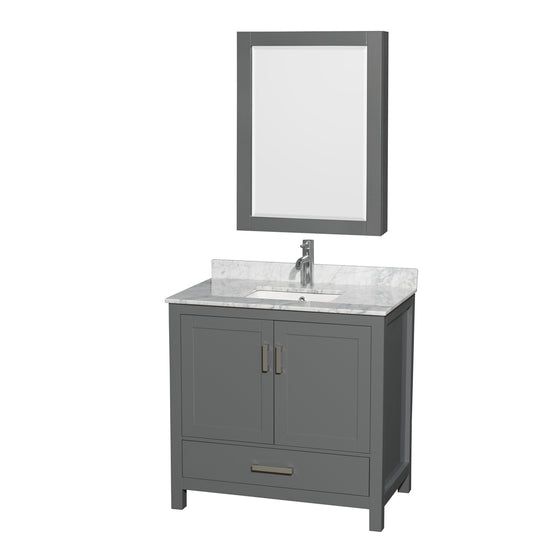 Sheffield 36 inch Single Bathroom Vanity in Dark Gray, White Carrara Marble Countertop, Undermount Square Sink, and Medicine Cabinet