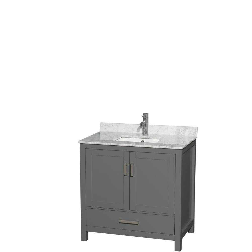 Sheffield 36 inch Single Bathroom Vanity in Dark Gray, White Carrara Marble Countertop, Undermount Square Sink, and No Mirror