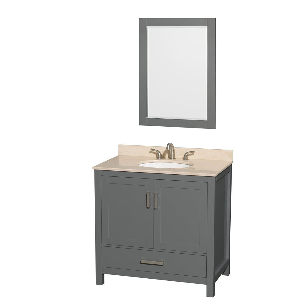 Sheffield 36 inch Single Bathroom Vanity in Dark Gray, Ivory Marble Countertop, Undermount Oval Sink, and 24 inch Mirror