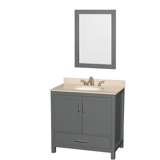 Sheffield 36 inch Single Bathroom Vanity in Dark Gray, Ivory Marble Countertop, Undermount Oval Sink, and 24 inch Mirror