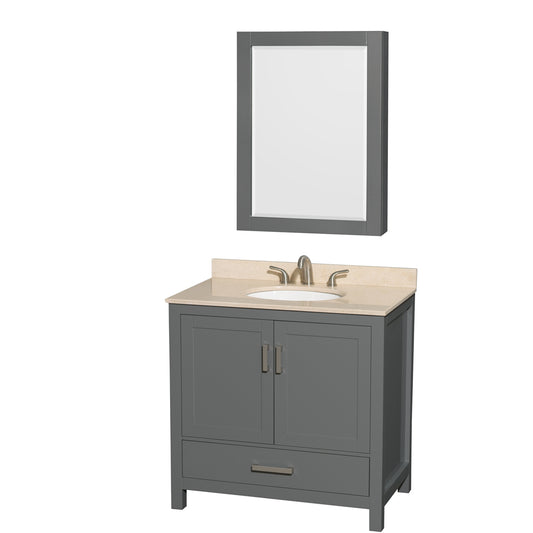 Sheffield 36 inch Single Bathroom Vanity in Dark Gray, Ivory Marble Countertop, Undermount Oval Sink, and Medicine Cabinet