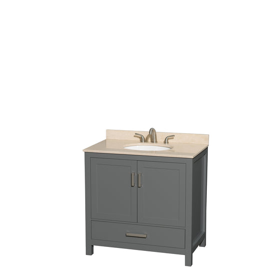 Sheffield 36 inch Single Bathroom Vanity in Dark Gray, Ivory Marble Countertop, Undermount Oval Sink, and No Mirror