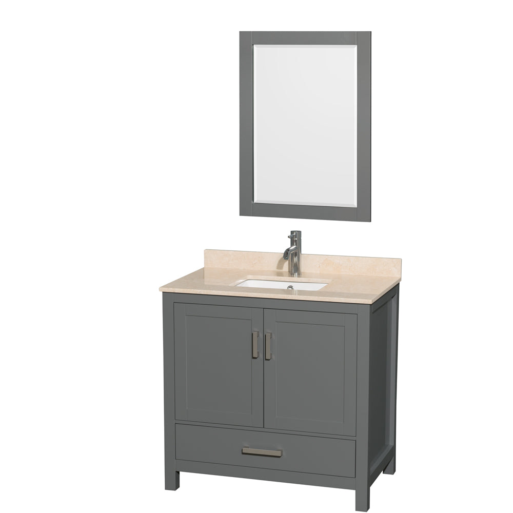 Sheffield 36 inch Single Bathroom Vanity in Dark Gray, Ivory Marble Countertop, Undermount Square Sink, and 24 inch Mirror