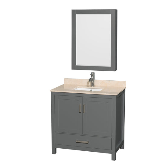 Sheffield 36 inch Single Bathroom Vanity in Dark Gray, Ivory Marble Countertop, Undermount Square Sink, and Medicine Cabinet