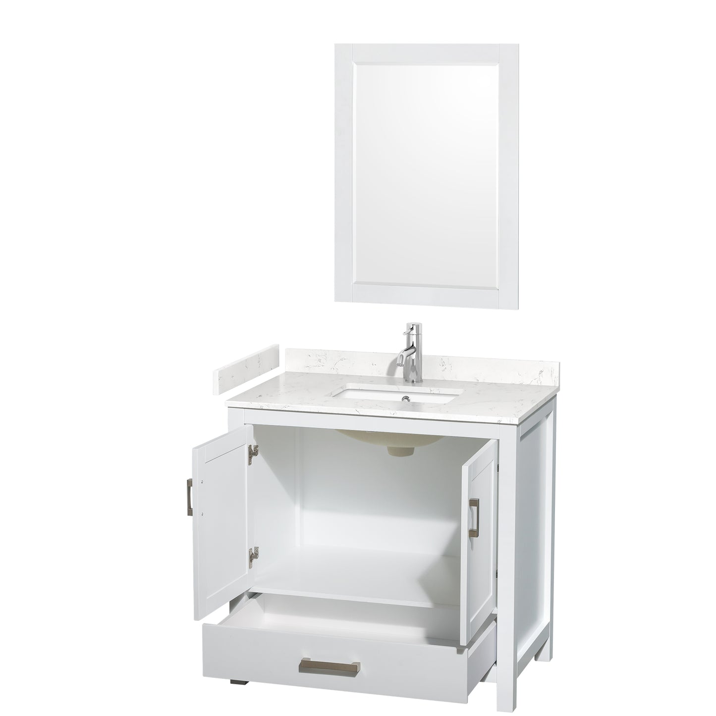 Sheffield 36" Single Vanity in White, Carrara Marble Top, Square 24" Mirror