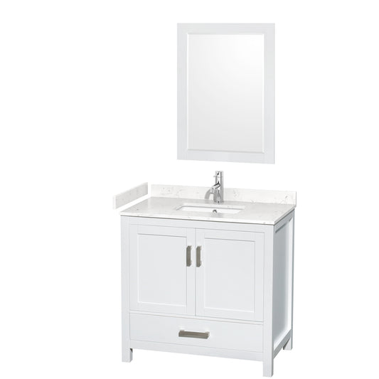 Sheffield 36" Single Vanity in White, Carrara Marble Top, Square 24" Mirror