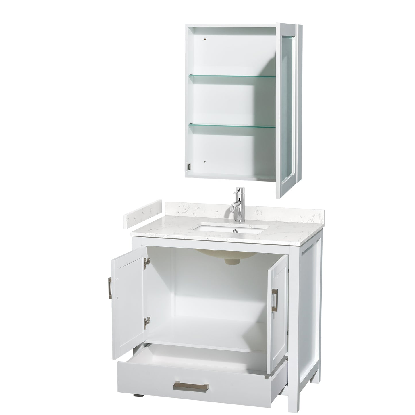 Sheffield 36" Single Vanity in White, Carrara Marble Top, Medicine Cabinet