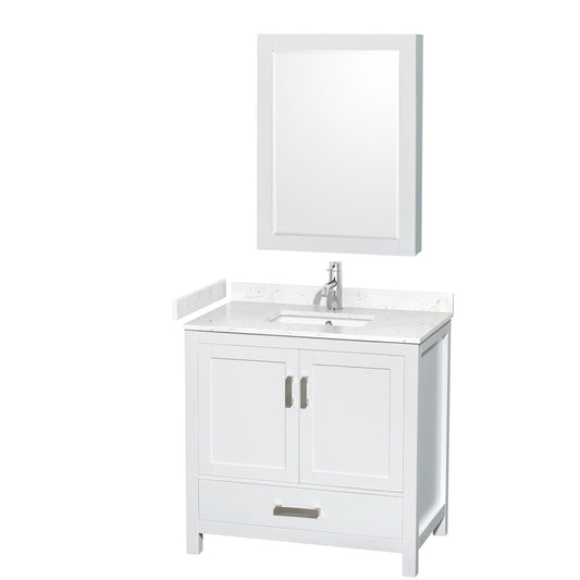 Sheffield 36" Single Vanity in White, Carrara Marble Top, Medicine Cabinet