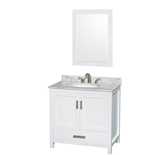 Sheffield 36 inch Single Bathroom Vanity in White, White Carrara Marble Countertop, Undermount Oval Sink, and 24 inch Mirror