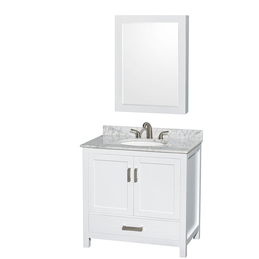 Sheffield 36 inch Single Bathroom Vanity in White, White Carrara Marble Countertop, Undermount Oval Sink, and Medicine Cabinet