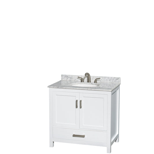 Sheffield 36 inch Single Bathroom Vanity in White, White Carrara Marble Countertop, Undermount Oval Sink, and No Mirror