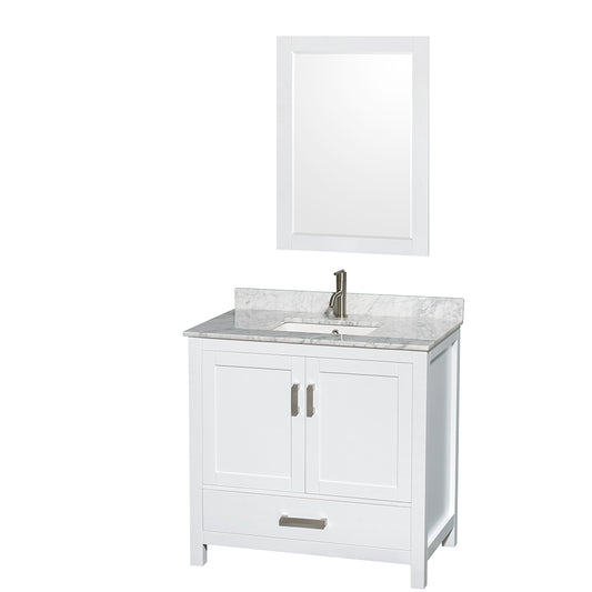 Sheffield 36 inch Single Bathroom Vanity in White, White Carrara Marble Countertop, Undermount Square Sink, and 24 inch Mirror