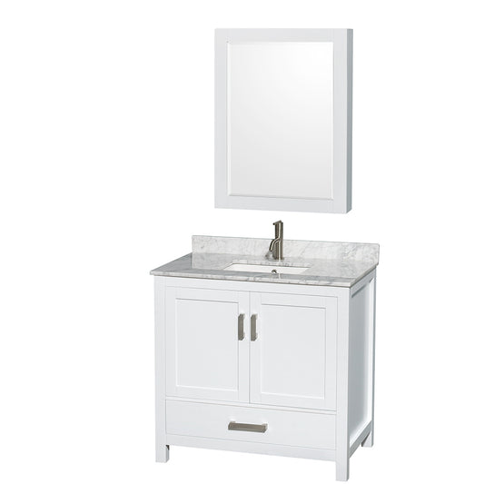 Sheffield 36 inch Single Bathroom Vanity in White, White Carrara Marble Countertop, Undermount Square Sink, and Medicine Cabinet