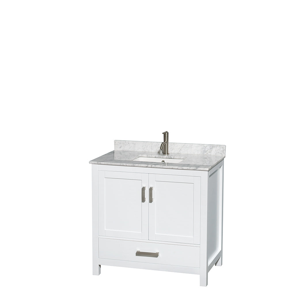 Sheffield 36 inch Single Bathroom Vanity in White, White Carrara Marble Countertop, Undermount Square Sink, and No Mirror