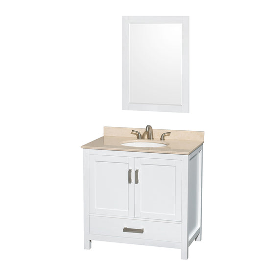 Sheffield 36 inch Single Bathroom Vanity in White, Ivory Marble Countertop, Undermount Oval Sink, and 24 inch Mirror