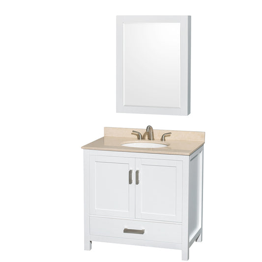 Sheffield 36 inch Single Bathroom Vanity in White, Ivory Marble Countertop, Undermount Oval Sink, and Medicine Cabinet