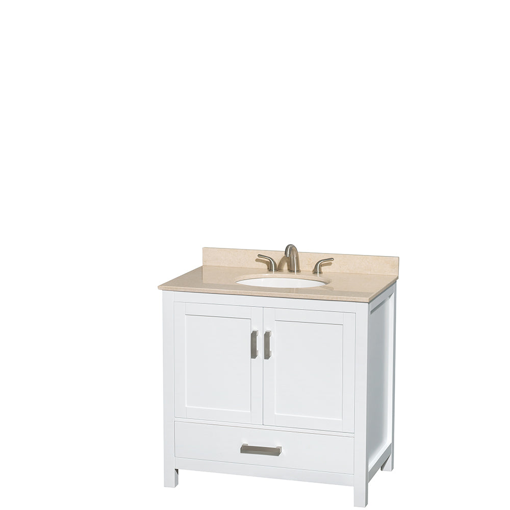 Sheffield 36 inch Single Bathroom Vanity in White, Ivory Marble Countertop, Undermount Oval Sink, and No Mirror