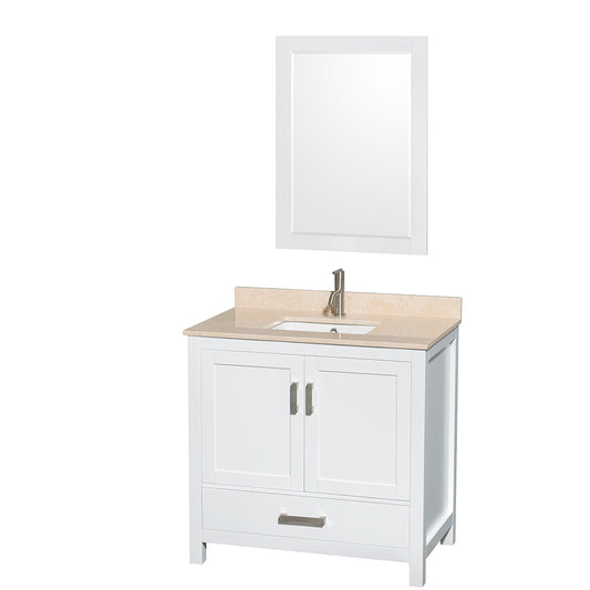 Sheffield 36 inch Single Bathroom Vanity in White, Ivory Marble Countertop, Undermount Square Sink, and 24 inch Mirror