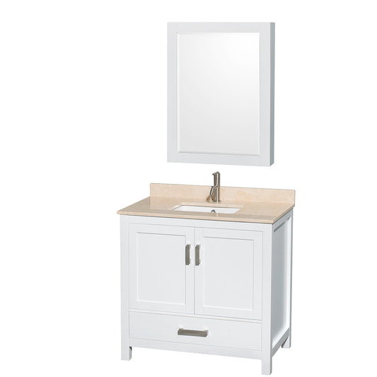 Sheffield 36 inch Single Bathroom Vanity in White, Ivory Marble Countertop, Undermount Square Sink, and Medicine Cabinet